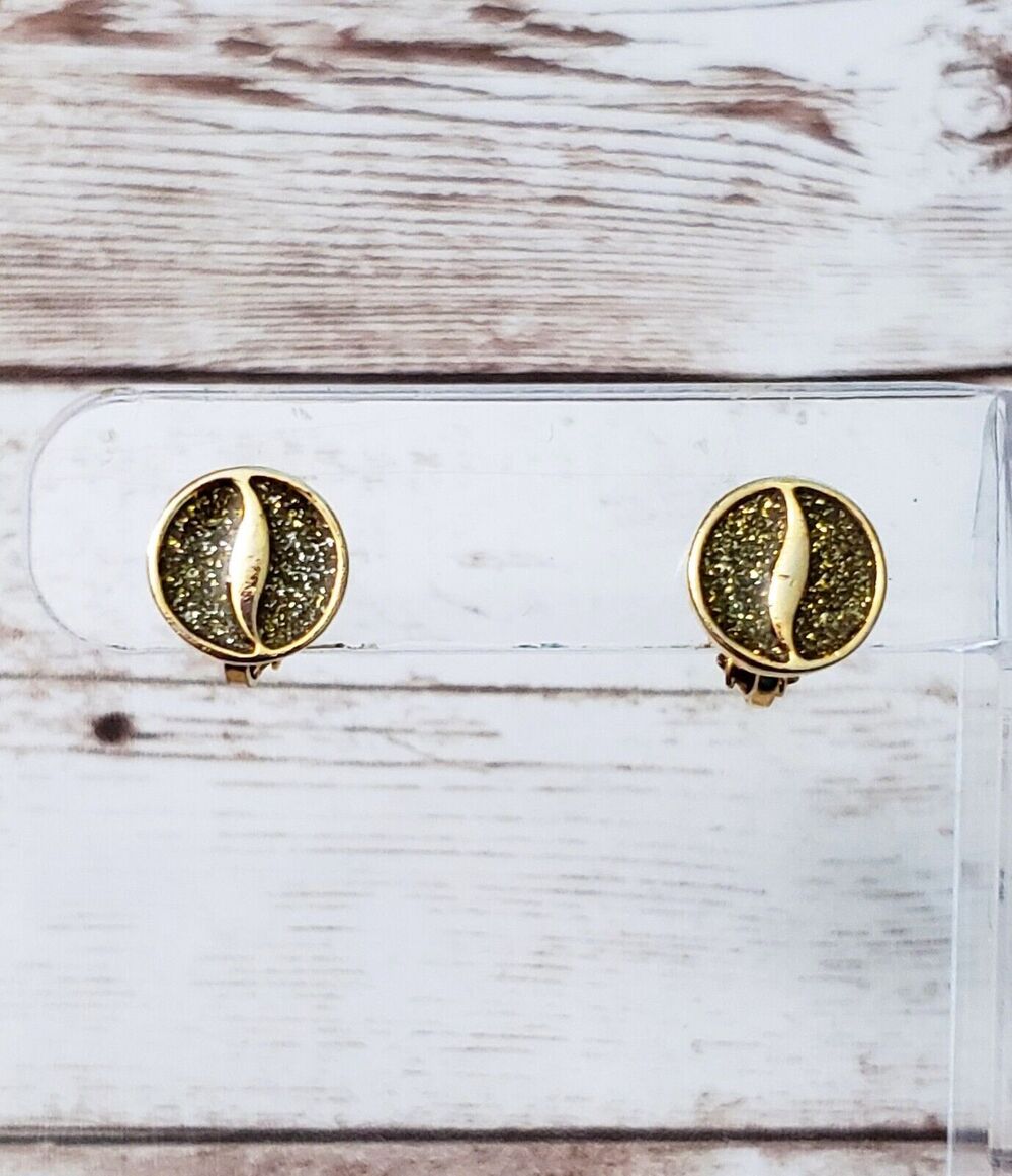 Vintage Clip On Earrings - Glitter Green & Gold Tone - Dainty - Just Over 3/8"